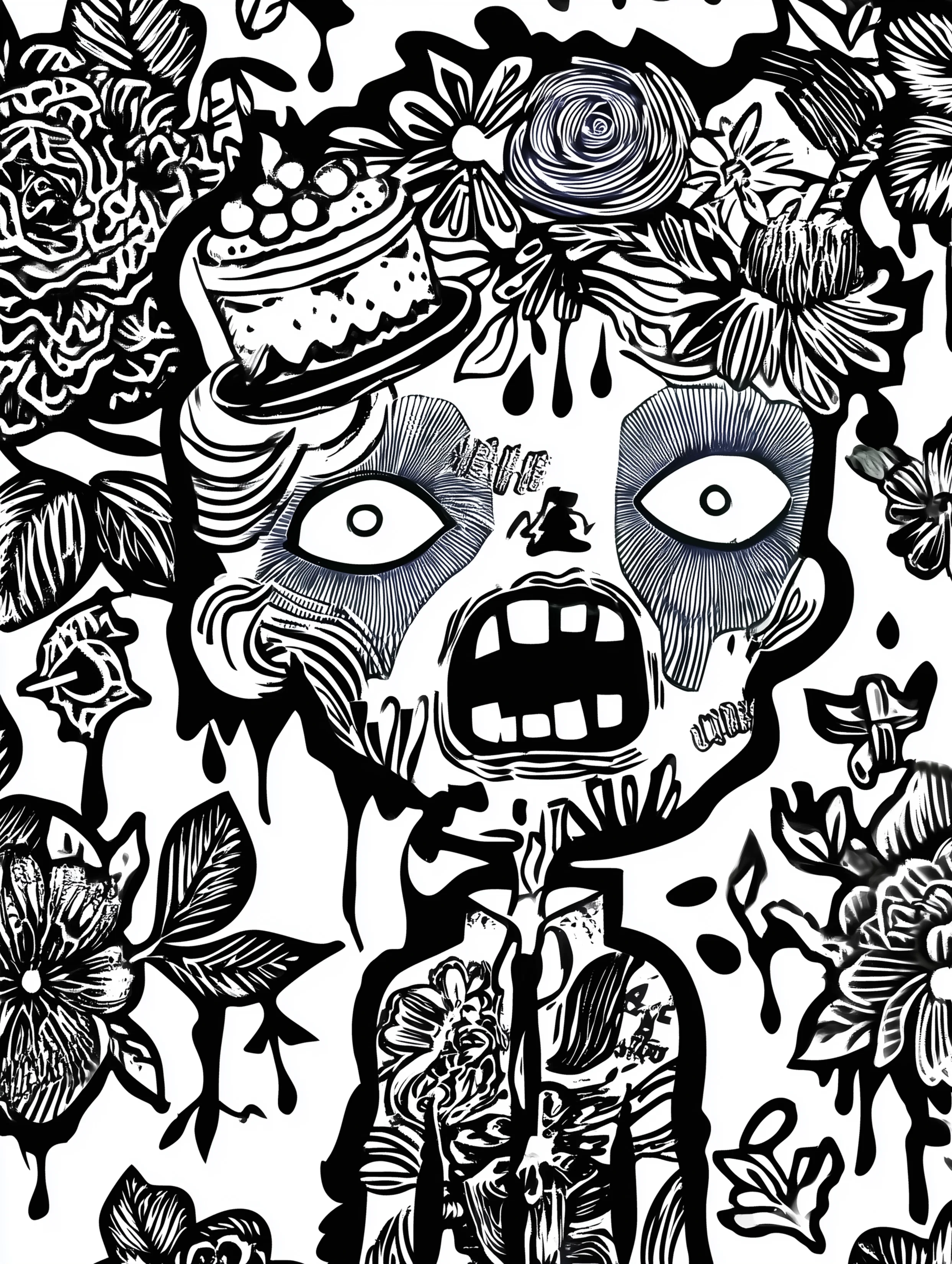 Free printable zombie coloring page for adults featuring a cake on a zombie head